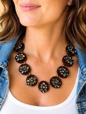 J. Crew Caramel Rhinestone Baguette Square Cut Statement Necklace Brown Smoke